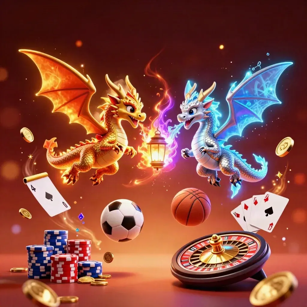 Gold and silver dragons, coins, cards, chips, roulette, balls, and neon casino glow.