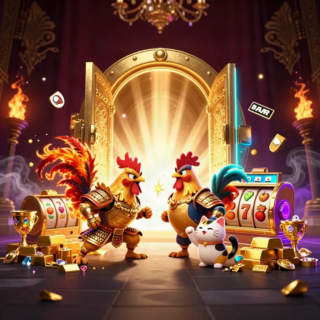 Rooster samurai, dragon hatchling and fortune cat amid treasure, sparks and neon-cyan casino glow.