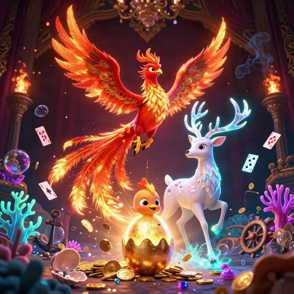 Phoenix, hatching chick, and crystal stag amid underwater treasure, coins, coral, and glowing cyan light.