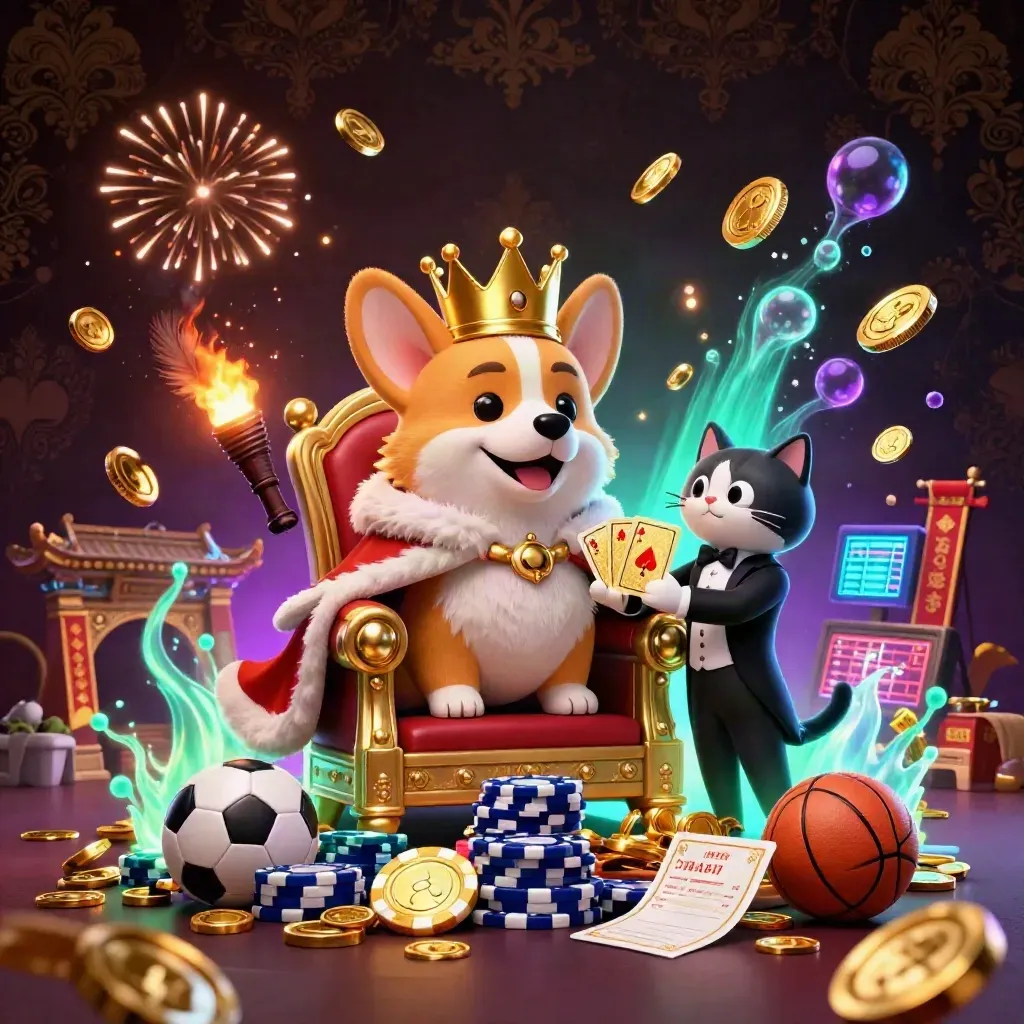 Royal corgi and cat butler amid gold coins, fireworks, and neon cyber casino glam.